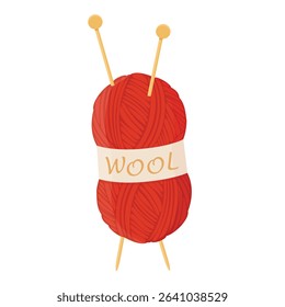 Red wool yarn ball, skein with needles for knitting. isolated on white background. Knitting hobby. Vector illustration