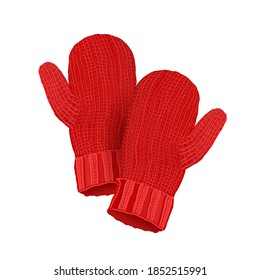 Red woolen mittens isolated on white background. Vector illustration