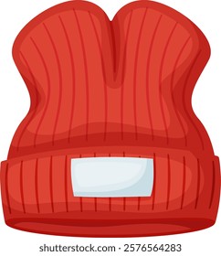 Red woolen winter hat featuring a ribbed knit design and a blank rectangular label on the front, offering an ideal canvas for customization and personal expression in cold weather