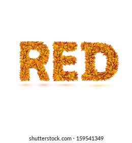 Red word of autumn fall bright orange leaves. Vector word template