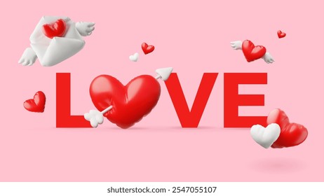 Red word LOVE with realistic 3D glossy inflated balloon hearts, arrow and letter with wings. Volume romantic typographic design on pink background. Valentine day theme