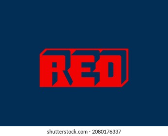 RED word mark logo. Block lettering sign. Alphabet initials icon. Red color emblem isolated on dark fund. Typography illustration. Modern design, geometric, 3d style uppercase text characters.