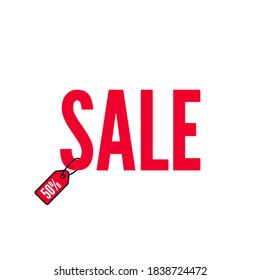 Red word SALE with a hanging price tag. Vector illustration isolated on white background.  Discount pricetag.