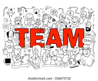 Red Word "Team" in Doodle Style. Group of Funny Cartoon People. Black and White Sketch for Coloring Practice. Vector Illustration about Work Theme