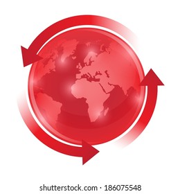 Red world globe with circulation arrows
