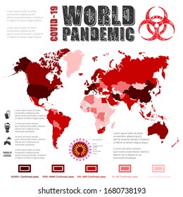 Mapa del mundo rojo con países e infografía del coronavirus