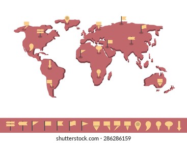 Red World map with orange markers. Vector illustration
