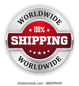 Red worldwide shipping badge with silver border on white background