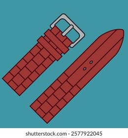 Red woven leather watch strap with silver buckle on blue background. Flat design digital illustration. Fashion accessory and wristwatch concept for design and print