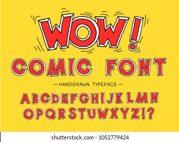 Red wow comic font. Hand Drawn Vector Typeface. Hand Made handwritten Alphabet. Decorative Type. Font Vector illustration.