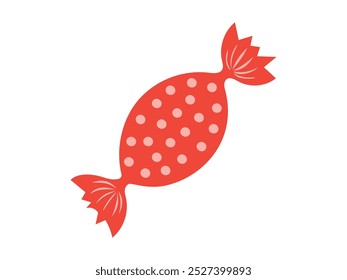 Red wrapped candy flat illustration with polka dot pattern isolated on a white background. Concept of sweet treat, colorful confectionery, simple design, candy wrapper. Icon, print design element.