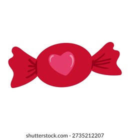 A red wrapped candy with a pink heart. Valentine's Day sweet treat vector icon