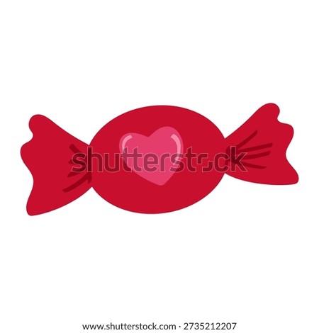 A red wrapped candy with a pink heart. Valentine's Day sweet treat vector icon