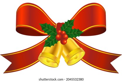 Red wrapping ribbon with Christmas bells and holly