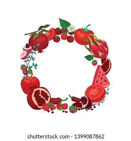 Red wreath of monochrome vegetables and fruits. Vector illustration on white background.