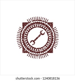 Red wrench icon inside distressed rubber grunge texture seal