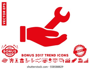 Red Wrench Service Hand pictograph with bonus 2017 trend pictograms. Vector illustration style is flat iconic symbols, white background.