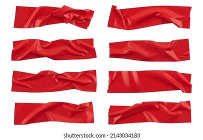 Red wrinkled adhesive tape isolated on white background. Red Sticky scotch tape of different sizes.  Vector illustration.