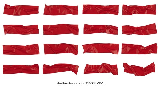 Red wrinkled adhesive tape isolated on white background. Red Sticky scotch tape of different sizes.  Vector illustration.