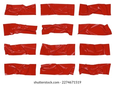 Red wrinkled adhesive tape isolated on white background. Red Sticky scotch tape of different sizes.  Vector illustration.
