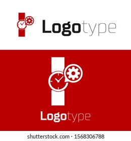 Red Wrist watch and gear icon isolated on white background. Adjusting app, service concept, setting options, maintenance, repair, fixing. Logo design template element. Vector Illustration