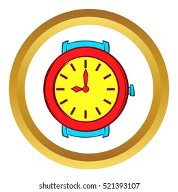 Red wrist watch vector icon in golden circle, cartoon style isolated on white background