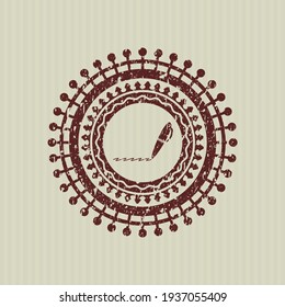 Red writer icon inside distress rubber seal with grunge texture. 