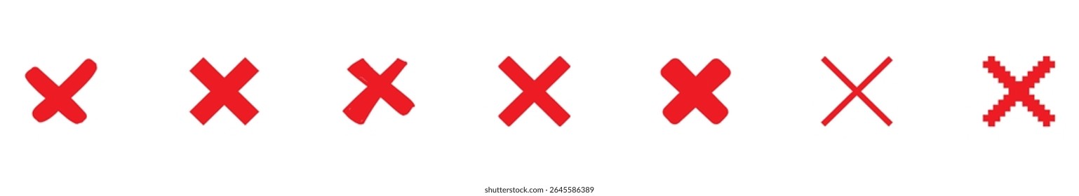 Red wrong mark. Red cross x vector icon. No wrong symbol. Delete, vote sign. Graphic design element set on white background. Vector illustration.