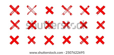 Red wrong signs. Red color crosses brush strokes. Vector set of hand-painted wrong icons. Abstract hand-drawn aversion symbols. NO button for checkbox voting. Isolated disagree tickbox symbol pack