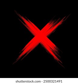 Red X brushstroke. Black background. Abstract Vector symbol. Bold color contrast.