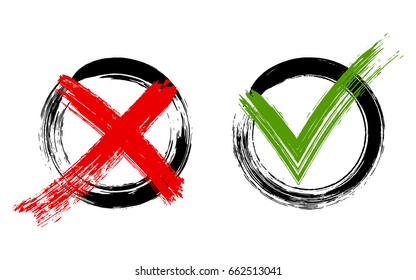 Red X and green brush symbolic OK icon in black frames on white. Cross  and tick signs, check marks graphic design. NO and YES rejection and approval symbol vector buttons for vote, election choice.