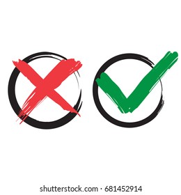 Red X and green brush symbolic OK icon in black frames on white. Cross and tick signs, check marks graphic design. NO and YES rejection and approval symbol vector buttons for vote, election choice.