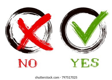 Red X and green OK symbol icons in black round boxes on white, cross and tick signs, check marks design. NO and YES rejection and approval symbol vector buttons for vote, election choice.