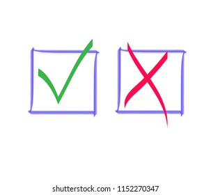 Red X and green tick check marks, approval signs design. Red X and green OK symbol icons in square check boxes. Check list marks, choice options, test, quiz or survey signs.