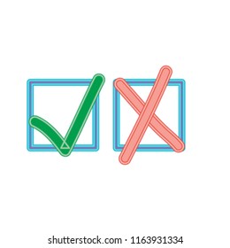 Red X and green tick check marks, approval signs design. Red X and green OK symbol icons in square check boxes. Unusual check list marks, choice options, test, quiz or survey signs.Trendy Neon design