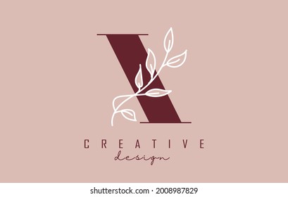 Red X letter logo design with white leaves branch vector illustration. Creative and elegant icon with letter X.