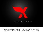 Red X Letter Wings Logo Design Icon. Flying Wing Letter Logo with Creative Black Wing Concept.