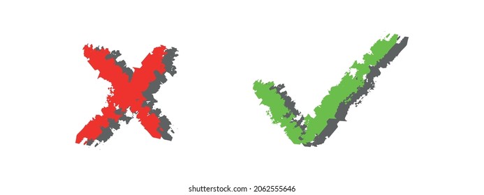 Red x mark and green check mark with grunge texture icon isolated on white background. Pictogram  for apps, website, social media. Vector illustration.