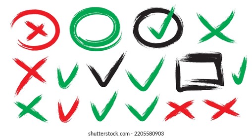 Red X mark, green check mark brush icon set. Grunge cross, brush drawn X symbol, hooks and crosses, freehand checkbox, vote sign vector illustration