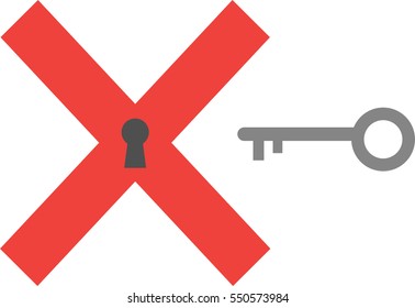 Red x mark keyhole vector and grey key.