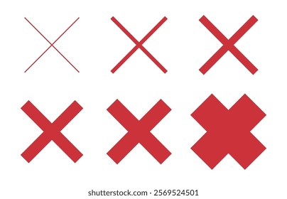 Red X marks. Red crosses icons set and line thickness variations. Vector illustration