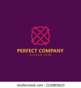 Red X shape made from rectangles line art intertwined with circle line art vector logo within purple background. Suitable for design template and element.