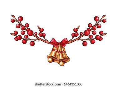 Red Xmas berries branch vector isolated border or header with Christmas bells and red bow