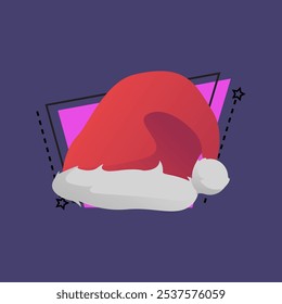 Red Xmas cap. Santa Claus, hat, plush, white fur. Christmas concept. Vector illustration can be used for topics like party, fun, December holiday, merry Christmas