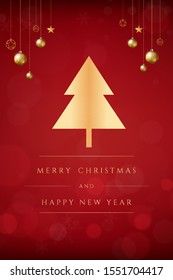 Red Xmas Card Bokeh Background. decor by gold Christmas balls, stars, Christmas tree. for wallpaper, Flyer, Poster, birthday, Greeting Card, banner, invitation, postcard, party. Illustration Vector