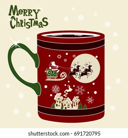 Red xmas coffee cup with a scene w. Santa Claus on sleigh drawn by reindeers, house with smoking chimney, pine trees, big moon & snow flakes. Coffe mug & Merry Christmas text surrounded by snowflakes