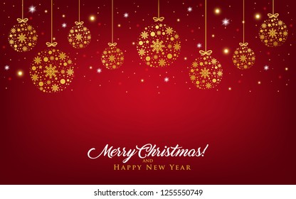 Red xmas greeting card.Christmas background with golden ornament