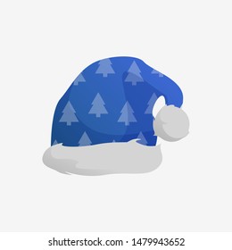 Red Xmas hat wit fir trees. Santa Claus, cap, white fur, head cloth. Christmas concept. Vector illustration can be used for topics like party, holiday, costume