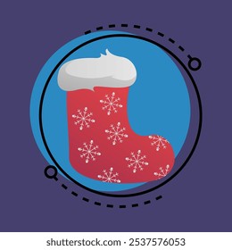 Red Xmas stocking with snowflakes. White fur, wool, sock. Christmas concept. Vector illustration can be used for topics like hanging gifts, holiday, fun