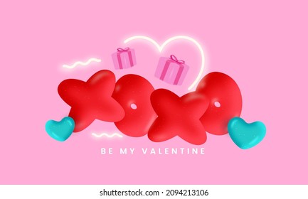 Red XOXO Balloon Font With 3D Gift Boxes, Glossy Hearts On Pink Background.